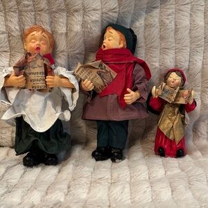 Vintage Paper Mache Festive Caroler Figurine Set of 3 - Red, Green, Gold